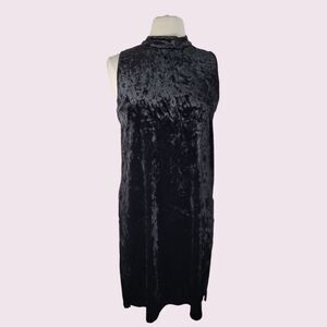 SPENSE NWT Black Crushed Velour Dress Sz M Mock Neck Side Slits Sleeveless LBD